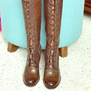 Frye Tall Brown Lace-Up Boots w/ Block Heel